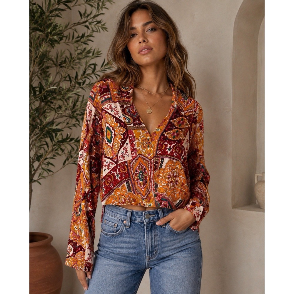 Haute Hippie Floral Paisley Print Cropped Long Sleeve Crossover Boho Blouse Lg